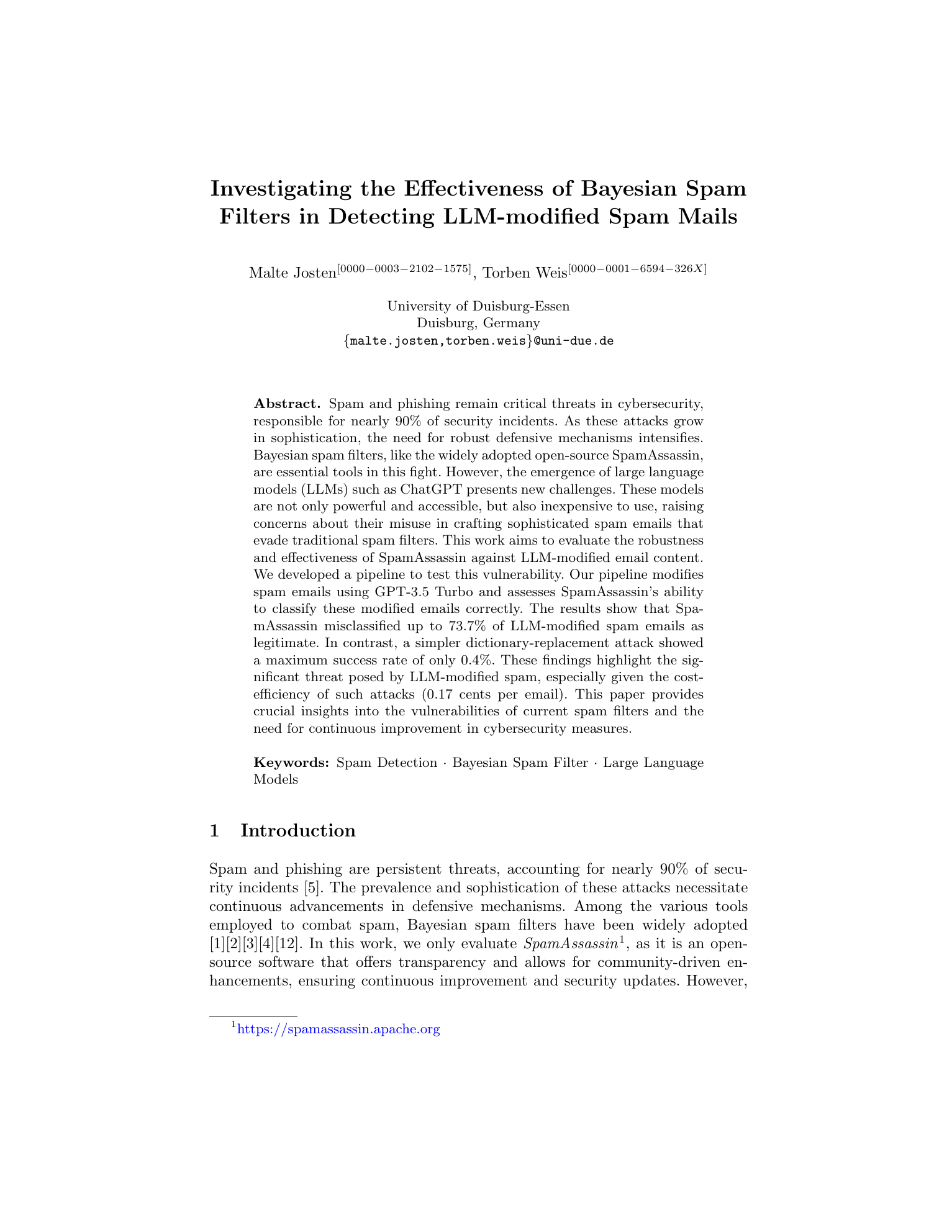 Publication: Investigating the Effectiveness of Bayesian Spam Filters in Detecting LLM-modified Spam Mails